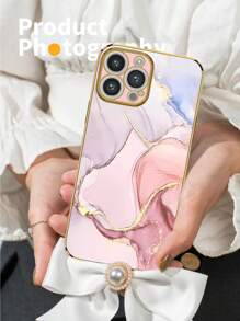 Compatible With IPhone 16 1pc 6D Electroplating Pink Marble Pattern Shock-Resistant Phone Case Compatible With IPhone/ Compatible With Samsung// Compatible With OPPO Phone Models - Pink - View 3