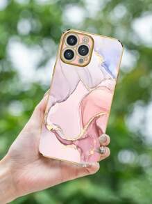 Compatible With IPhone 16 1pc 6D Electroplating Pink Marble Pattern Shock-Resistant Phone Case Compatible With IPhone/ Compatible With Samsung// Compatible With OPPO Phone Models - Pink - View 5