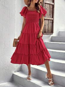 Women's Casual Summer Midi Dress Puffy Short Sleeve Square Neck Smocked Tiered Ruffle Dresses - Red - View 5