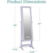 Freestanding Jewelry Armoire Cabinet, Full Length Standing Mirror, Lockable Makeup Storage Organizer, W/Velvet Lining, 3 Angles, Lock, Accessory Pouch, 5 Shelves - Lavender - 查看 7