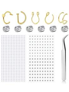 14/18 件假鼻环假鼻环假鼻钉粘贴式假唇环假眉毛唇环假鼻中隔环仿鼻环女式夹式鼻环假耳环耳钉银色金色黑色 - 彩色 - 查看 9