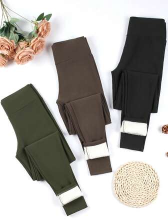 3Pcs Women High Waist Thermal Lined Leggings, Winter Tights