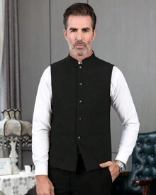 Men's High Collar Vests Traditional Vest Mens Herringbone Wool Suit Vests Business Tweed Waistcoats Jacket - màu đen - Xem 4