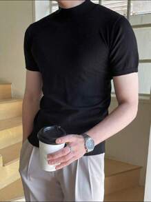 Men's T-Shirt Solid Turtleneck Neck Knitted Tops - 黑色 - 查看 4