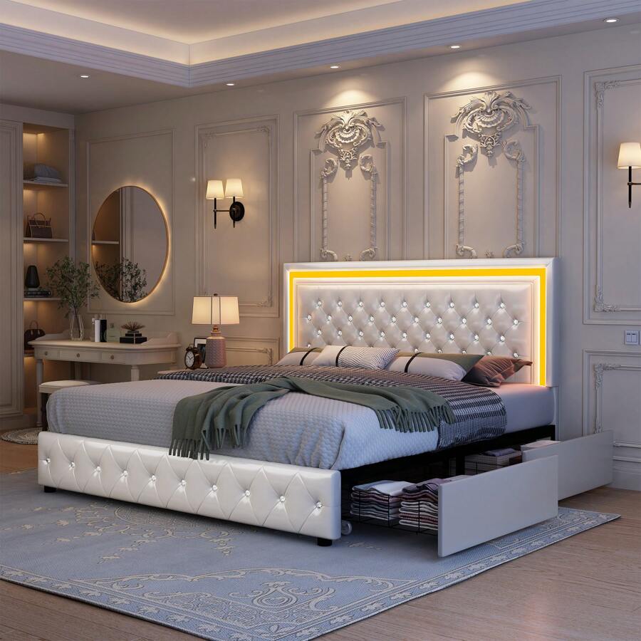 Queen LED Smart Bed Frame With 4 Storage Drawers Adjustable Headboard With Smart Control RGBW LED, Whisper-Quiet Design, Upholstered Bed Wood Slats Support, No Box Spring Needed, PU Black - Da PU màu trắng - Xem 1
