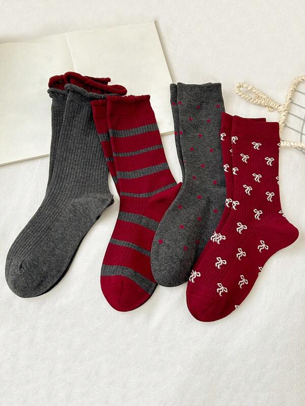 4 Pairs Women Red Socks Novelties Dots Bow Sweet Long Korean Style Striped Socks