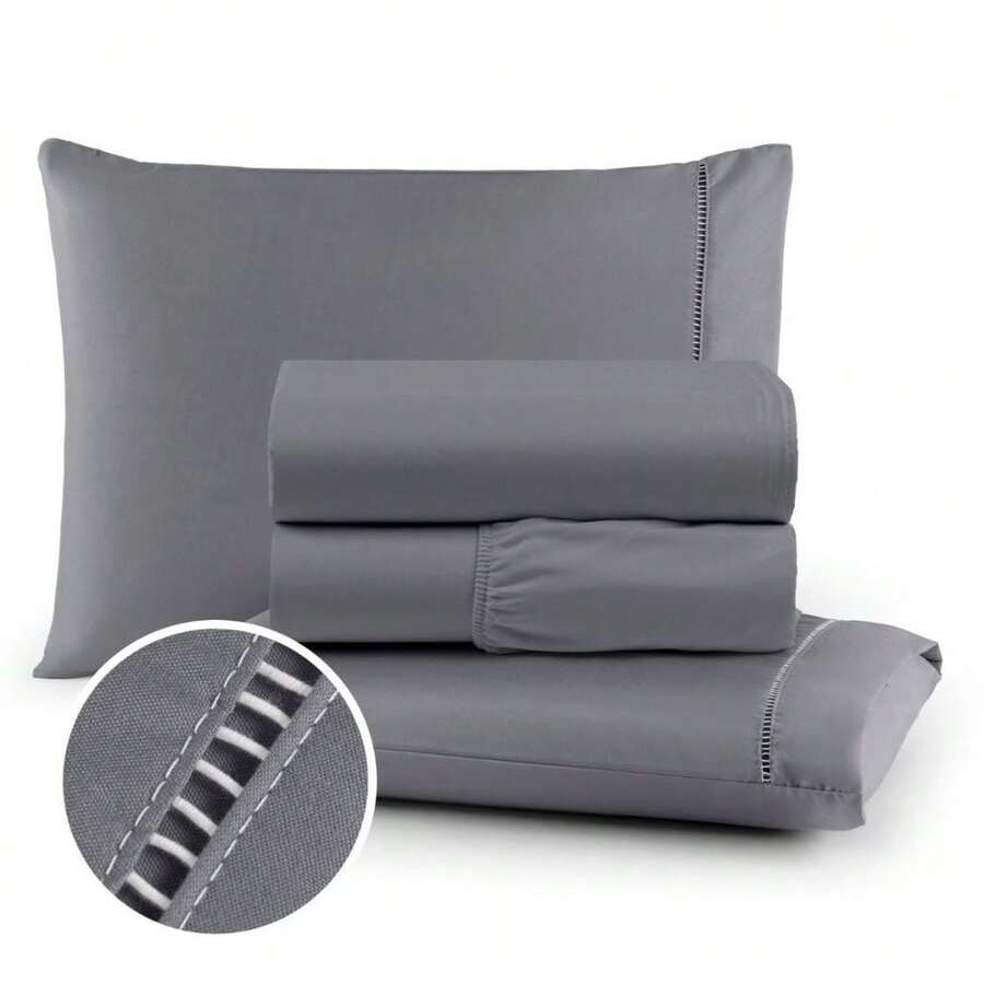 3-Piece Double Bed Sheet Set, Percale Stitch, 400 Thread Count, Soft Cotton - Xám - Xem 1