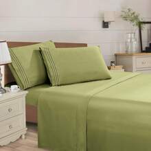 Mocassi 4 Piece 3 Line Embroidered Egyptian Quality Super Soft Wrinkle Resistant 1500 Series Sheet Set (Light Colors)