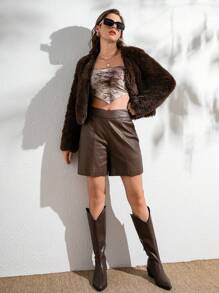 Women's Fashionable Solid Color Faux Fur Collar Long Sleeve Open Front Jacket, Autumn/Winter - Coffee Brown - View 5