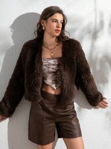 Women's Fashionable Solid Color Faux Fur Collar Long Sleeve Open Front Jacket, Autumn/Winter - Coffee Brown - View 1