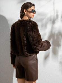 Women's Fashionable Solid Color Faux Fur Collar Long Sleeve Open Front Jacket, Autumn/Winter - Coffee Brown - View 6