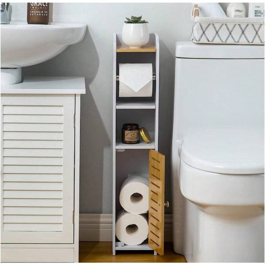 Bathroom Storage Slim Tower Toilet Paper Storage Shelves Bamboo