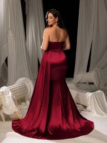 Faeriesty Plus Ruched Draped Side Satin Party Tube Dress, Formal Evening Prom Gown, For Wedding Guest, Graduation, Dinner - Burgundy - View 2