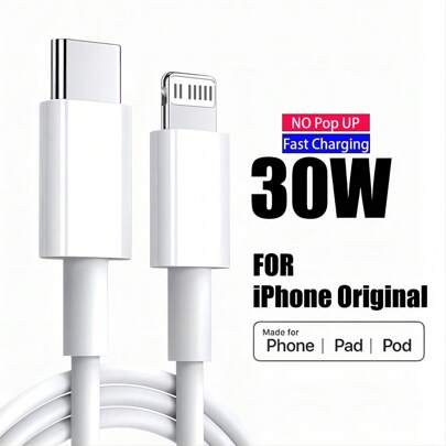 Cabo de carregamento rápido PD de 30 W (100 cm), compatível com iPhone 14, 13, 12 Pro Max e Plus, para transferência de dados.