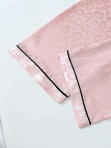 2 件套缎面长袖领上衣和蝴蝶结裤豹纹睡衣，女士秋冬家居服，两件套，秋季衣服 - 粉色 - 查看 7