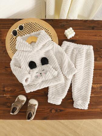 2 件套女婴动物刺绣连帽羊毛运动衫和松紧腰毛绒长裤，秋冬