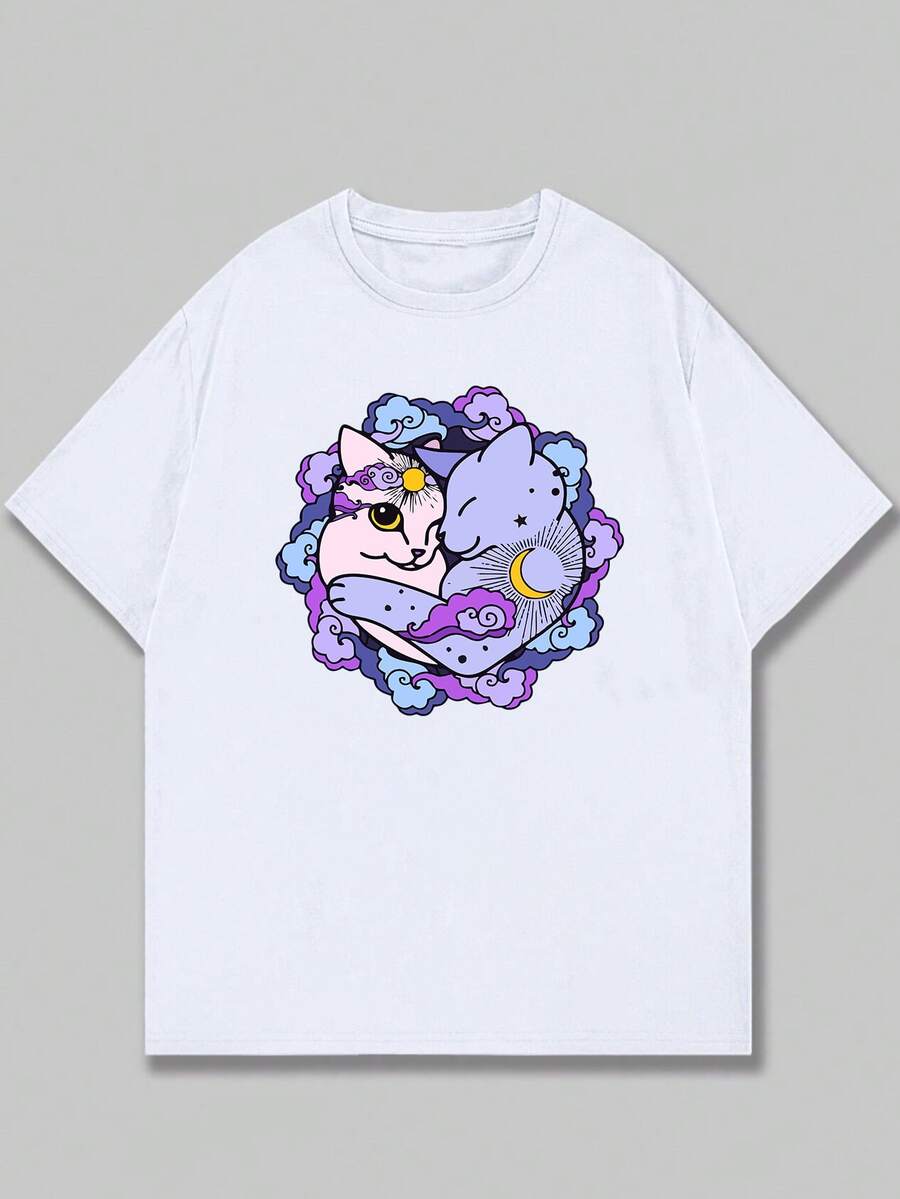 Cute Kitten Print Casual T-Shirt Unisex Blouse Cotton Shirt - 白色 - 查看 1