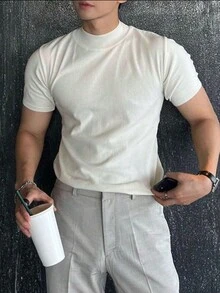 Men's T-Shirt Solid Turtleneck Neck Knitted Tops - Blanco - Ver 2