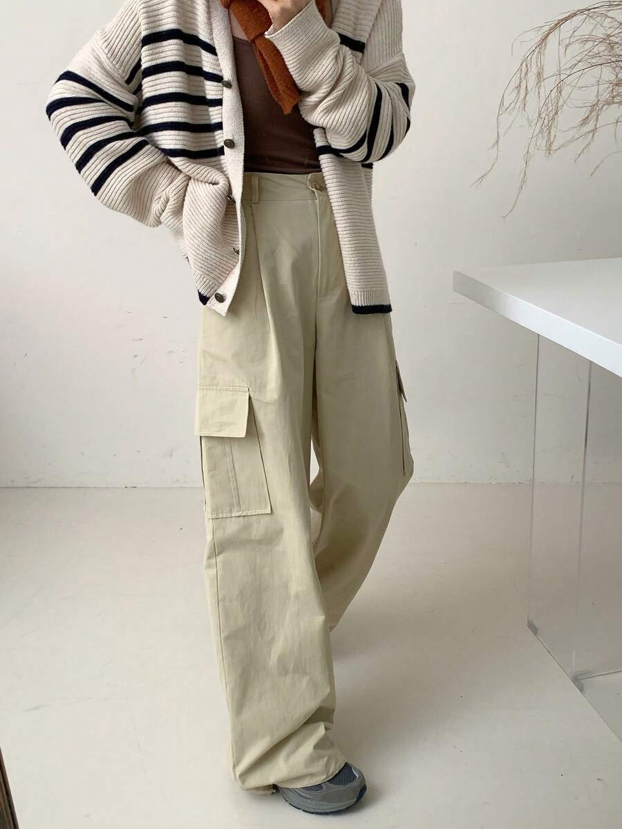 女款高腰设计直筒宽松显瘦阔腿休闲工装裤 - 杏色 - 查看 1