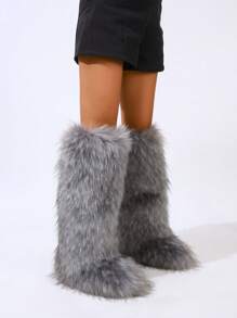 Botas de nieve para mujer con tacón plano, caña alta y cálido forro de peluche, de caña media, puntera redonda, con decoración de cadena, botas de nieve de tubo largo con cadena metálica y tachuelas, botas de nieve cálidas de tubo largo