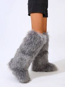 Botas de nieve para mujer con tacón plano, caña alta y cálido forro de peluche, de caña media, puntera redonda, con decoración de cadena, botas de nieve de tubo largo con cadena metálica y tachuelas, botas de nieve cálidas de tubo largo