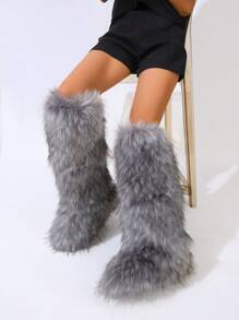 Botas de nieve para mujer con tacón plano, caña alta y cálido forro de peluche, de caña media, puntera redonda, con decoración de cadena, botas de nieve de tubo largo con cadena metálica y tachuelas, botas de nieve cálidas de tubo largo