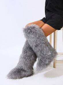 Botas de nieve para mujer con tacón plano, caña alta y cálido forro de peluche, de caña media, puntera redonda, con decoración de cadena, botas de nieve de tubo largo con cadena metálica y tachuelas, botas de nieve cálidas de tubo largo