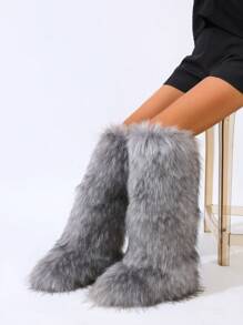 Botas de nieve para mujer con tacón plano, caña alta y cálido forro de peluche, de caña media, puntera redonda, con decoración de cadena, botas de nieve de tubo largo con cadena metálica y tachuelas, botas de nieve cálidas de tubo largo