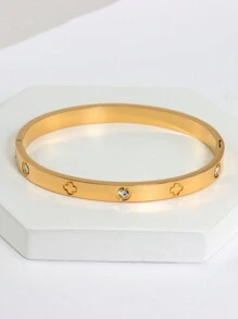 1pc Fashion 18K Gold Plated Stainless Steel Flower Bangle Bracelet For Women, European And American Style Party & Wedding Jewelry Gift Valentines,Mom,Mother,Mother's Day,Gift