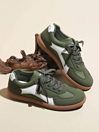 女士多功能休闲鞋，易于清洁，圆头低帮，平底，舒适，百搭，撞色设计，运动休闲鞋，复古风格，军绿色，时尚运动鞋