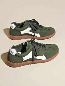 Women's Multifunctional Casual Shoes, Waterproof, Non-Slip, Easy To Clean Round Toe Low Top Sneakers, Flat Comfortable, Versatile, Contrast Color Sports Shoes, Retro Style Canvas Shoes, Green Fashion Shoes