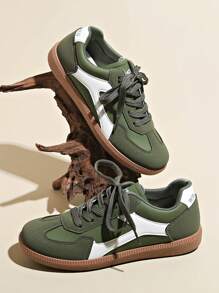 Women's Multifunctional Casual Shoes, Waterproof, Non-Slip, Easy To Clean Round Toe Low Top Sneakers, Flat Comfortable, Versatile, Contrast Color Sports Shoes, Retro Style Canvas Shoes, Green Fashion Shoes