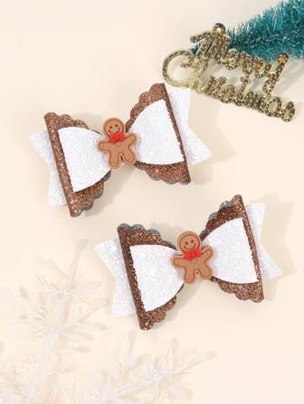 2pcs Christmas Hair Bows For Girls Glitter Bow Alligator Clips With Gingerbread Man Cute Hair Clips Toddler Girls Pigtail Bows Clips Holiday Barrettes Kids Hair Accessories