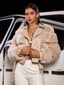 Women's Faux Fur & PU Leather Patchwork Metal Zipper Dual Waist Belt Fitted Jacket, Autumn/Winter Coat - Khaki - View 4