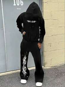 Bộ trang phục hai mảnh dành cho nam gồm áo hoodie và quần ống loe, trang phục thu/đông - màu đen - Xem 1