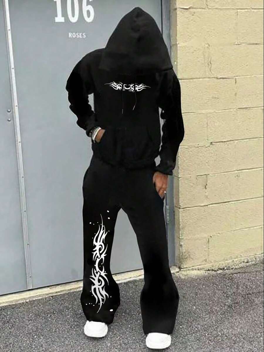 Bộ trang phục hai mảnh dành cho nam gồm áo hoodie và quần ống loe, trang phục thu/đông - màu đen - Xem 1