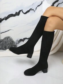 及膝靴，高跟，弹力，黑色，保暖内衬，秋冬高筒靴，女靴 - 黑色 - 查看 2