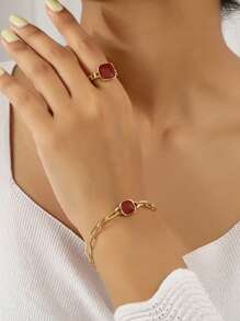 1 Bracelet+1 Ring Versatile Daily Fashion Square Geometric Metal Chain Bracelet Ring Set - Royal Blue - View 2