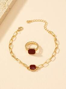 1 Bracelet+1 Ring Versatile Daily Fashion Square Geometric Metal Chain Bracelet Ring Set - Royal Blue - View 4