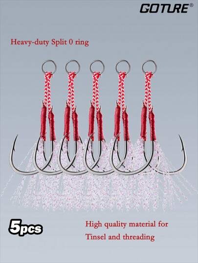 GOTURE 5pcs Double/Single Fishing Assist Hooks Slow Fast Fall Jigs Fishing Hook Silver Tied Wool Ordinary Iron Plate Double/Single Hook