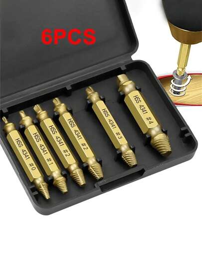 6 st dubbeländade skruvutdragare, verktyg för borttagning av avskalade skruv, 6-i-1 skruvextraktionsborrsats med verktygslåda, höghastighetstålskruvdragare, manuella verktygstillbehör