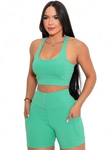 Fitness Set Kit Cropped Top And High Waist Bermuda Shorts Basic Polyamide