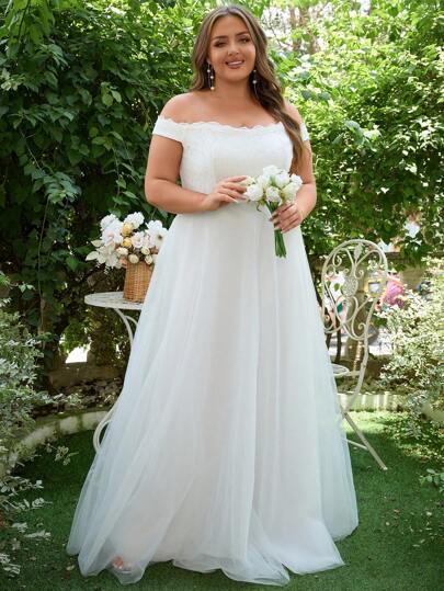 Plus Size Off The Shoulder Wedding Dress A-Line Floor Length Formal Bridal Event Bachelorette Bridal Shower Brunch Engagement Reception Rehearsal Party Gowns