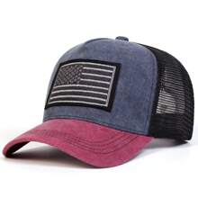 1pc Boné de beisebol masculino com bordado da bandeira dos EUA, chapéu de caminhoneiro lavado para áreas externas, boné de malha casual com proteção solar ajustável para primavera, viagens de outono, férias na praia