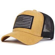 1pc Boné de beisebol masculino com bordado da bandeira dos EUA, chapéu de caminhoneiro lavado para áreas externas, boné de malha casual com proteção solar ajustável para primavera, viagens de outono, férias na praia