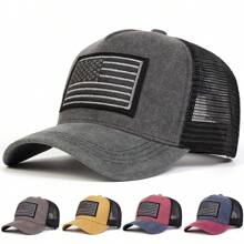 1pc Boné de beisebol masculino com bordado da bandeira dos EUA, chapéu de caminhoneiro lavado para áreas externas, boné de malha casual com proteção solar ajustável para primavera, viagens de outono, férias na praia