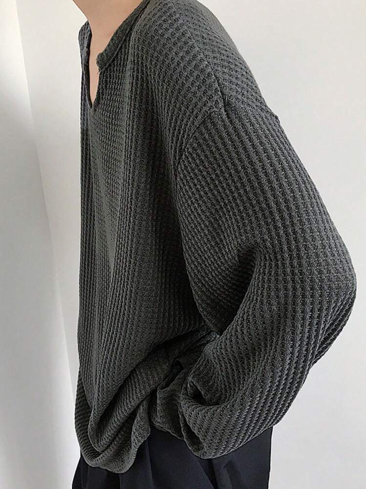 INCERUN Mens Long Sleeve Round Neck Pullover Shirt Loose Causal Blouse Basic Solid T-Shirt Tops - Cinza - Visão 6