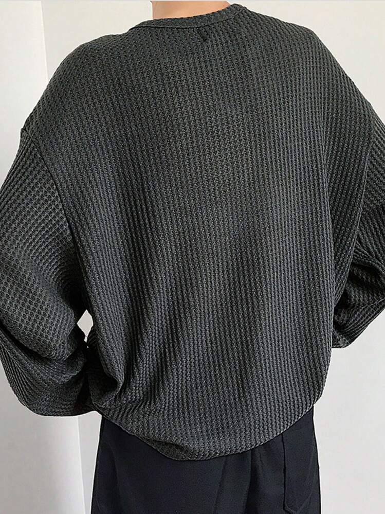 INCERUN Mens Long Sleeve Round Neck Pullover Shirt Loose Causal Blouse Basic Solid T-Shirt Tops - Cinza - Visão 5