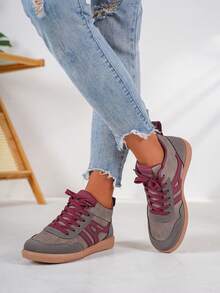 女式中帮拼色系带运动鞋，平底轻便休闲舒适户外运动鞋，时尚2024新款 - 紅色 - 查看 6