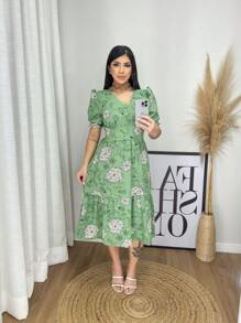 Floral Midi Dress. Women's Printed Midi Dress. - màu xanh lá - Xem 2